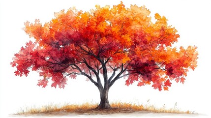 Vibrant Watercolor Painting of a Maple Tree Adorned in Autumn Colors