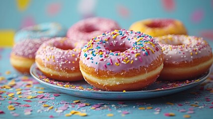 Delightful array of frosting-covered donuts showcases vibrant colors and playful sprinkles, evoking joy and celebration