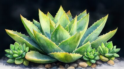 Watercolor Hand-Drawn Aloe Vera Plant with Lush Green Leaves and Textured Details