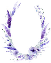 Oval frame made of watercolor lavender flowers. Purple wildflowers wedding isolated illustration