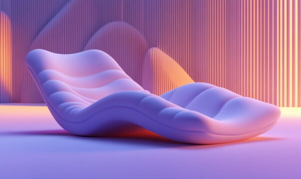 Modern chaise lounge in purple-lit room with abstract background