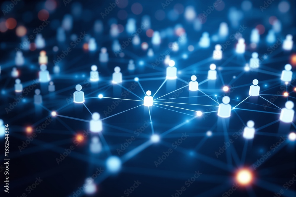 Poster abstract glowing network of people icons on a dark background.