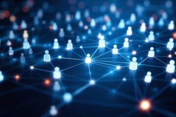 Abstract glowing network of people icons on a dark background.