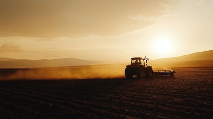 A tractor plows through a field as the sun sets, preparing the land for the next cycle of cultivation