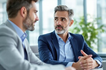 Obraz premium Business professionals having a discussion in an office setting with a blurred background.