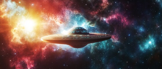 Obraz premium A large, alien shaped object is flying through a colorful, starry sky