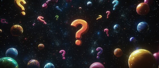 A colorful galaxy of planets with a question mark in the middle