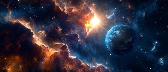 A beautiful and colorful space scene with a planet in the middle