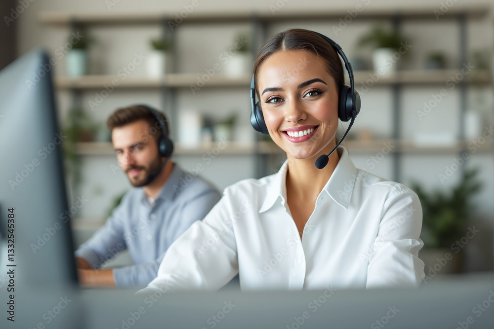 Aufkleber call center agents working at their desks with headsets.