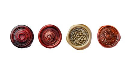 Four embossed wax seals showing different designs on transparent background