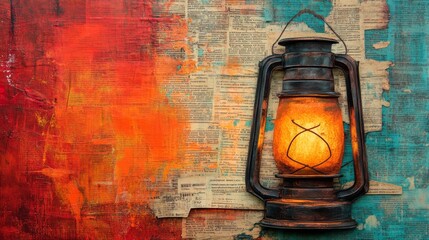Vintage oil lamp with bright light on a textured background with paper and paint.
