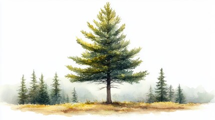 Watercolor Hand-Drawn Cedar Tree in a Scenic Natural Landscape with Gentle Foliage and Serenity
