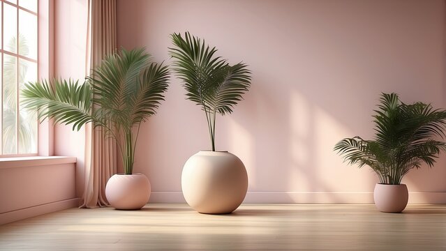3d rendering of a plant in a vase on a table in front of, soft neon atmosphere