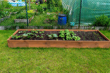 A wooden crate with various vegetables, standing on the grass in the garden.