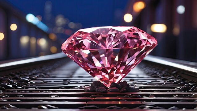 A large, faceted red gemstone resting on railroad tracks