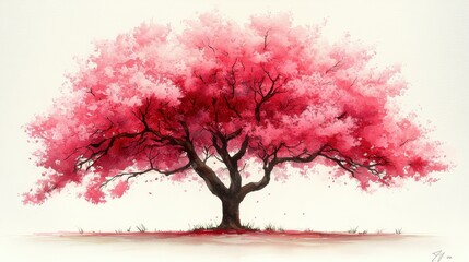 Watercolor Hand-Drawn Cherry Blossom Tree in Full Bloom Against a Soft Background