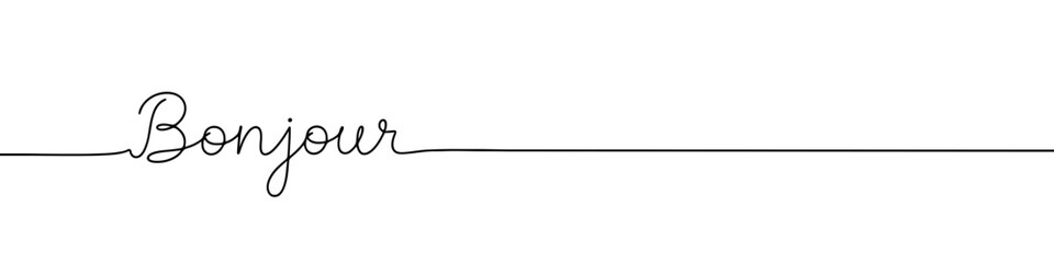Bonjour greeting continuous one line drawing with word. Minimalistic drawing of phrase illustration. © drawing lines