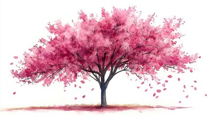 Watercolor Hand-Drawn Cherry Blossom Tree with Pink Flowers and Falling Petals on White Background