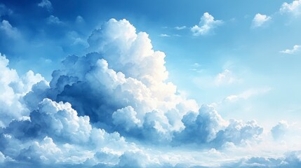 Watercolor Hand-Drawn Cloudy Sky with Fluffy White Clouds and Bright Blue Background