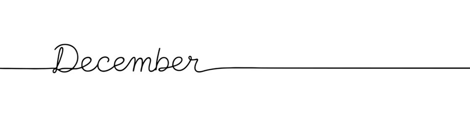 December month continuous one line drawing with word. Minimalistic drawing of phrase illustration.