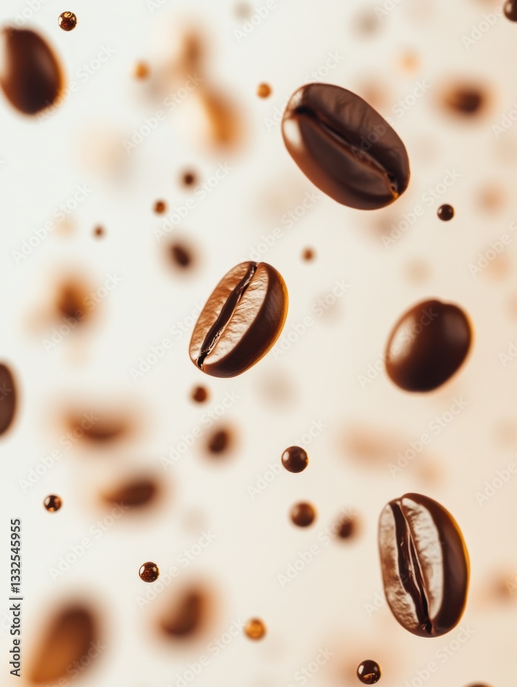 Poster Floating coffee drops create a dynamic and fluid artistic background in various sizes and shapes Generative AI