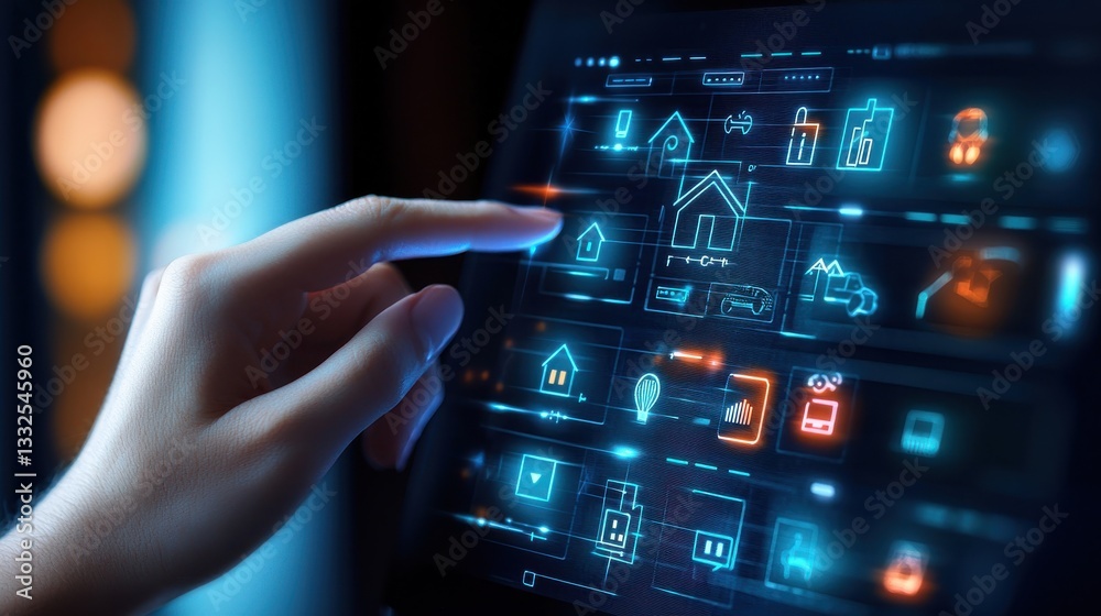 Poster user interacting with smart home control interface on touchscreen display