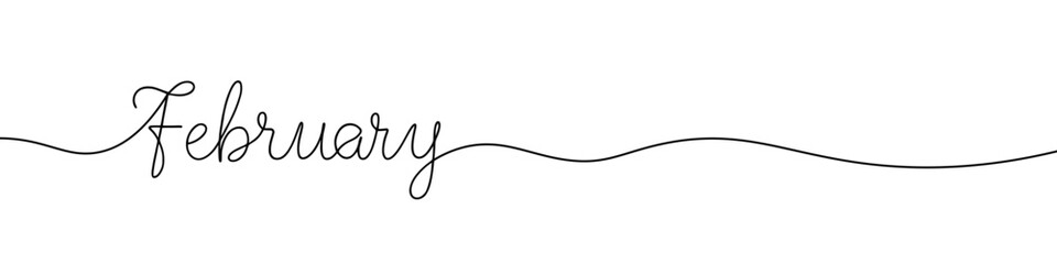 February month continuous one line drawing with word. Minimalistic drawing of phrase illustration.
