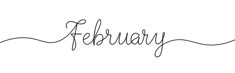 February month continuous one line drawing with word. Minimalistic drawing of phrase illustration.