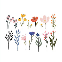 Set of tropical leaves wild flowers green herbs leaves