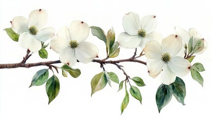 Watercolor Hand-Drawn Dogwood Tree Blooms with Delicate White Flowers and Green Leaves