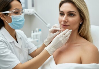 Doctor wearing gloves performing a skin exam on a female patient's face, checking for melanoma or other skin conditions