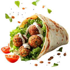 A Fresh Falafel Pita Wrap with Lettuce Tomatoes Isolated on Transparent Background