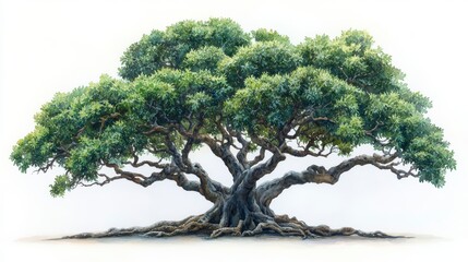 Watercolor Hand-Drawn Illustration of a Majestic Banyan Tree on a White Background