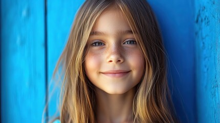 Cheerful long-haired girl exudes joy, vibrant energy radiates in a creative moment.
