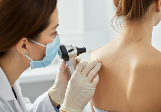 Doctor wearing gloves and mask examining patient's back with dermatoscope, checking for melanoma, in medical clinic