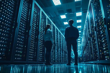 Tech team inspecting server room data center