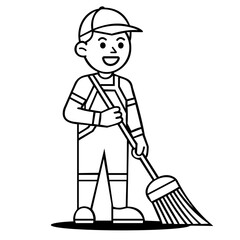 Cleaning person Vector mascot, cleaner man janitor, Cleaning Concept Cartoon Style Vector Illustration line art black and white, a broom to clean the room, Black silhouette, tattoo of a man on white b