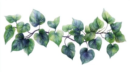 Watercolor Hand-Drawn Ivy Vine with Lush Green Leaves Capturing Nature's Botanical Beauty