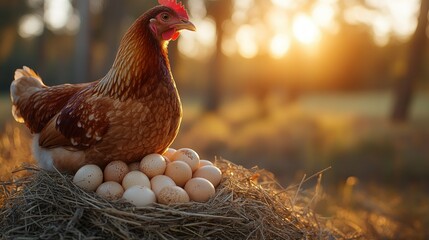 Hen and eggs in nest at sunset