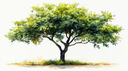 Watercolor Hand-Drawn Mango Tree with Lush Green Foliage on a Light Background