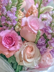 Beautiful bouquet of pink and purple roses, sweet peas, and delicate flowers showcasing vibrant colors and elegant floral arrangement for decoration