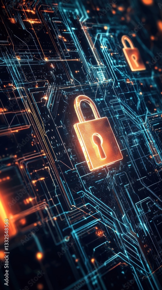 Poster digital security concept with abstract neon lock and circuit patterns