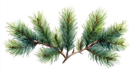 Watercolor Hand-Drawn Pine Tree Branch Illustration Showcasing Vibrant Green Hues and Natural Detail