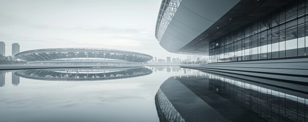 Modern architectural design with reflective water.