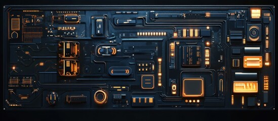Obraz premium A futuristic circuit board design with glowing elements and intricate pathways.