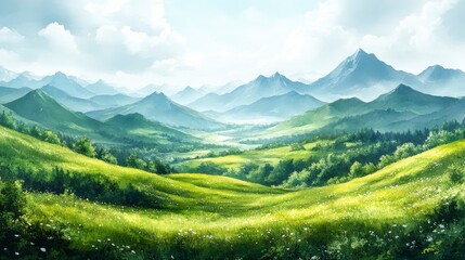 Watercolor Hand-Drawn Rolling Hills Landscape with Lush Green Fields and Majestic Mountains
