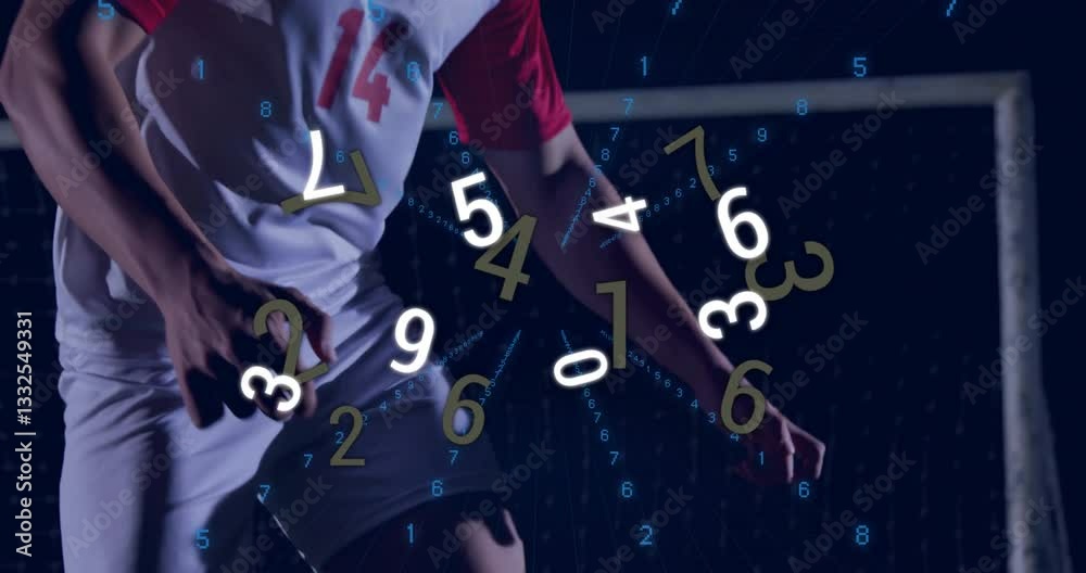 Poster animation of soccer player in action with numbers overlaying scene