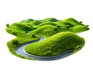 Rolling Green Hills with Winding River on Isolated Black Background