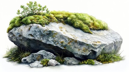 Watercolor Illustration of a Moss-Covered Rock Surrounded by Greenery in a Natural Setting
