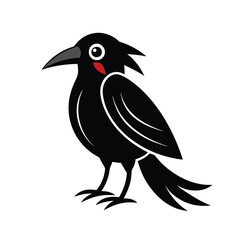 Vector illustration of a cartoon bird flying with wings, featuring a black crow or raven on a branch, showcasing wildlife and nature in a simple, symbolic design